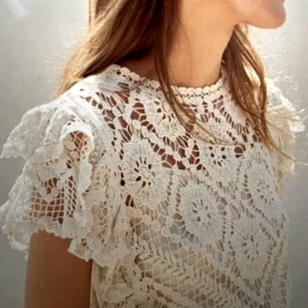 Anthropologie Blue Tassel Ruffled Crochet Blouse